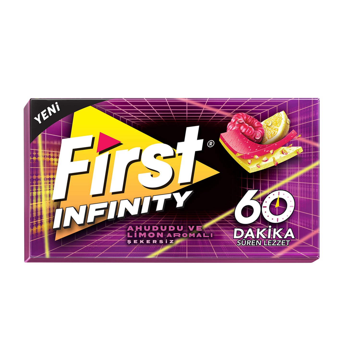 First 60 Min Infinity Raspberry & Lemon Flavored Sugar-Free Gum (Ahududu & Limon Aromalı Şekersiz Sakız) 27 G