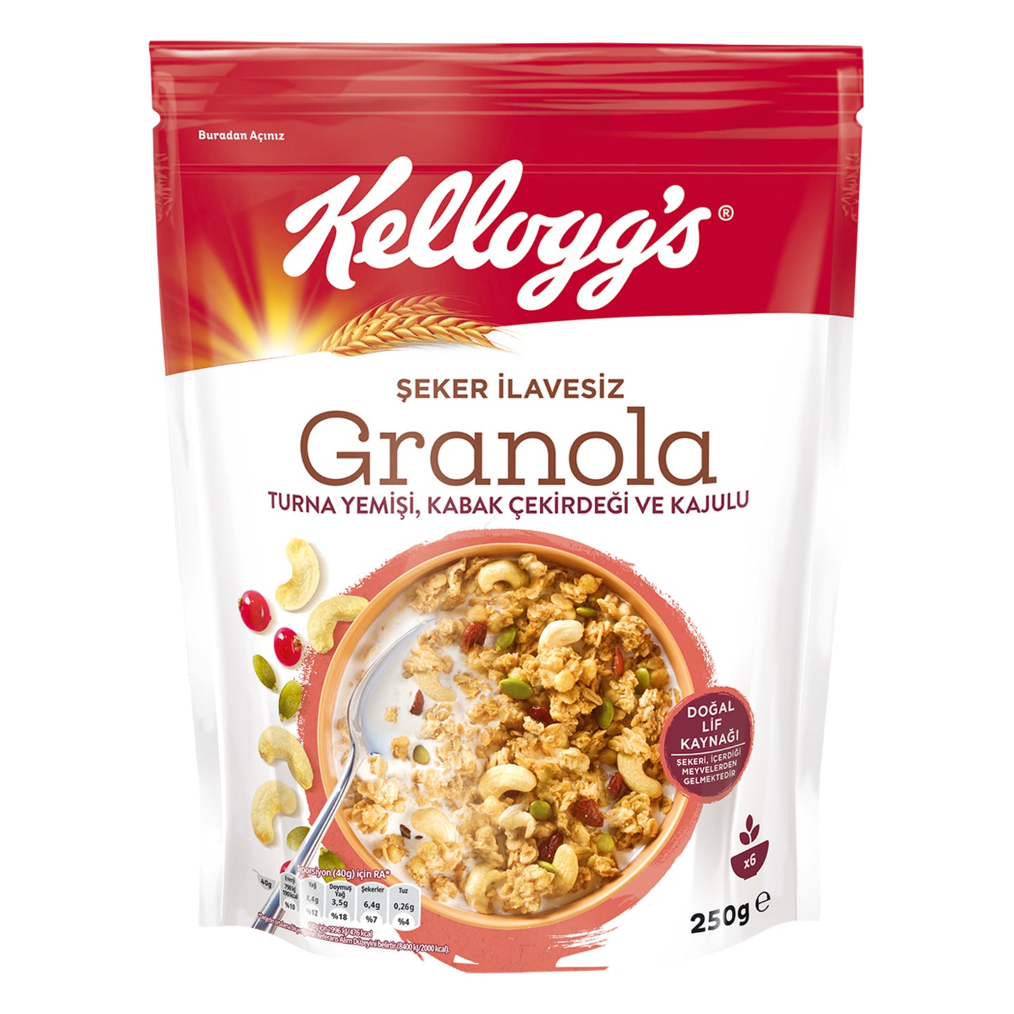 Kellogg's İlave Şekersiz Granola Turna Yemişi, Kabak Çekirdeği ve Kajulu 250 Gr