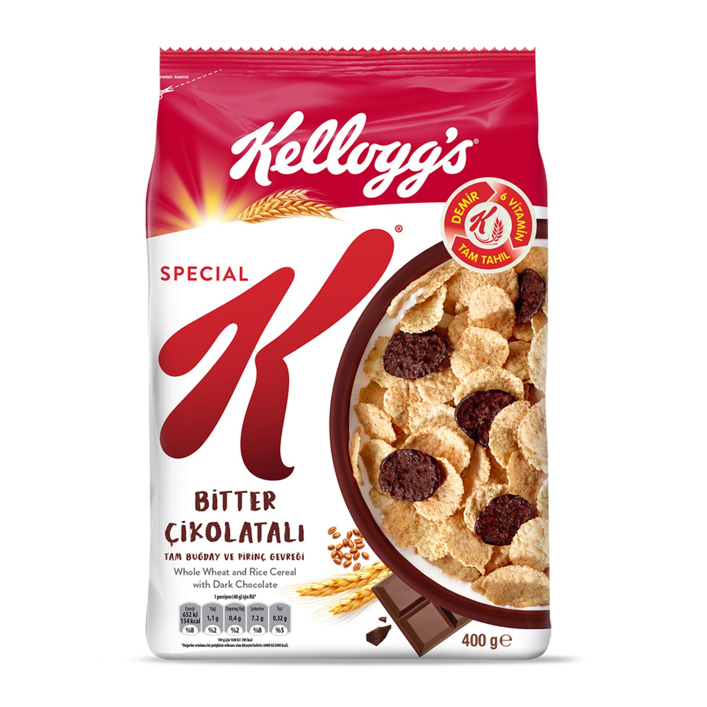Kellogg's Special K Dark Chocolate Whole Wheat and Rice Cereal 400 G (Bitter Çikolatalı Gevrek)