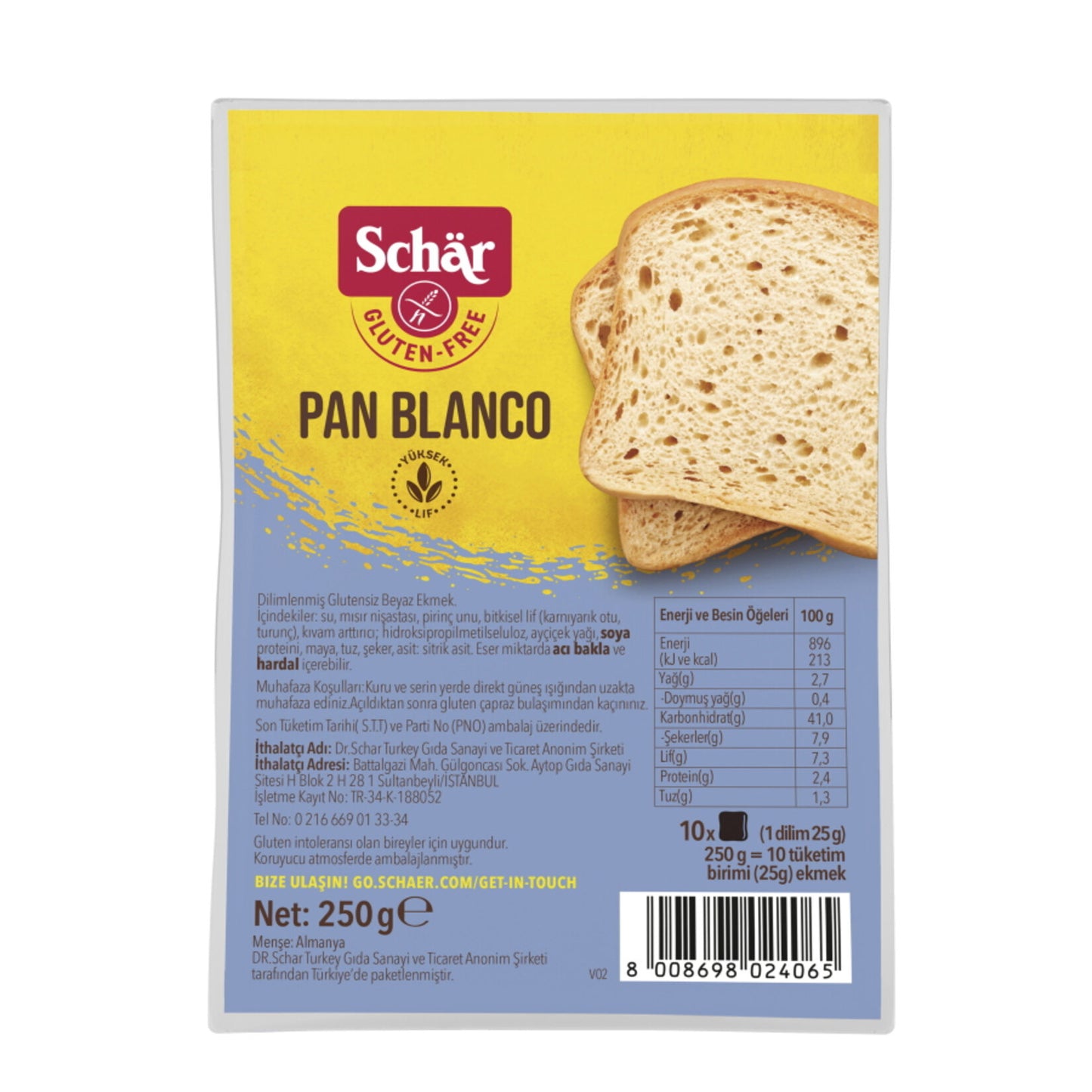Schar Pan Blanco Gluten-Free Sliced Bread (Glutensiz Dilimli Ekmek) 250 G