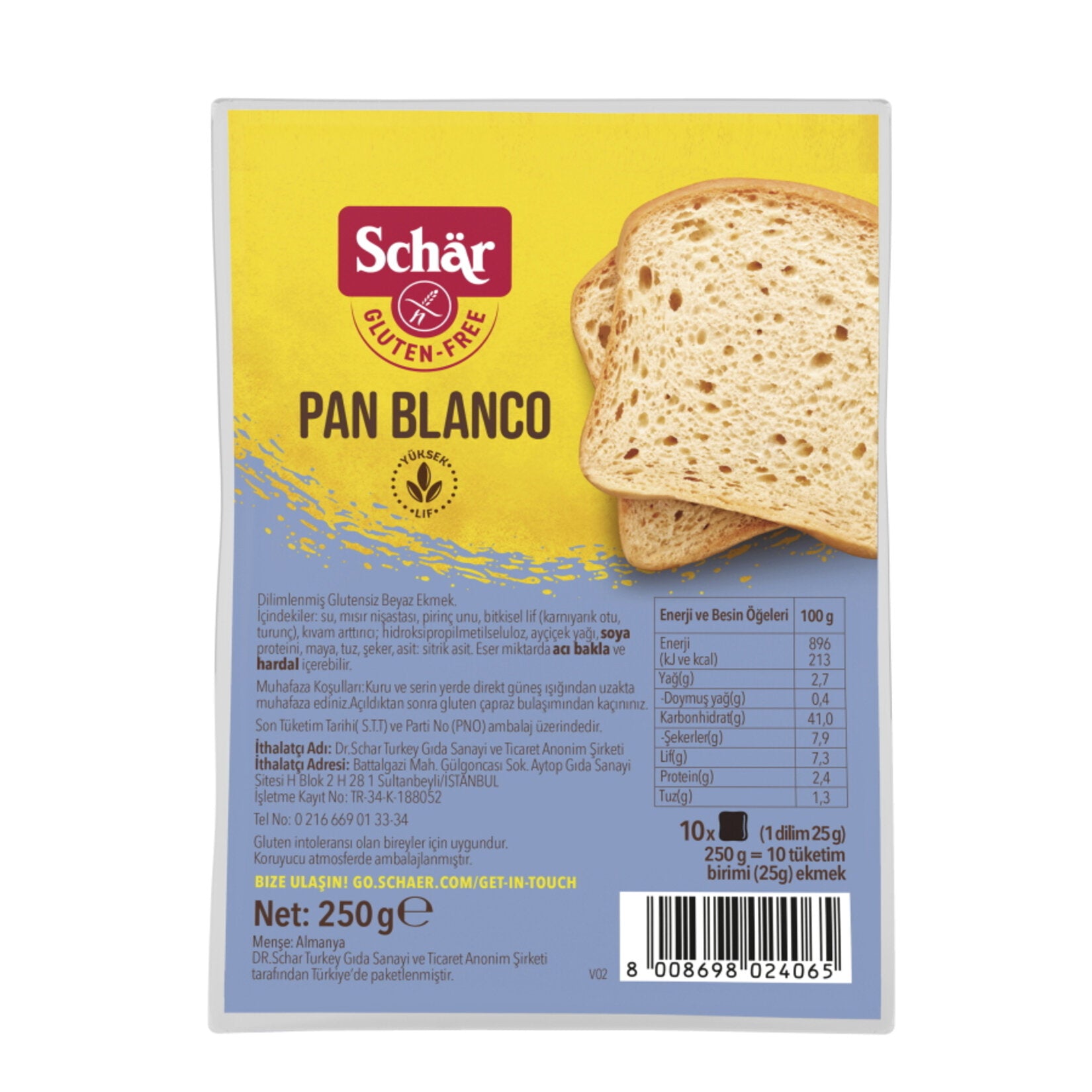 Schar Pan Blanco Gluten-Free Sliced Bread (Glutensiz Dilimli Ekmek) 250 G