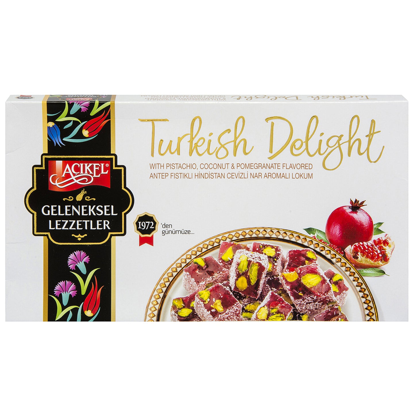 Açıkel Pistachio (Antep Fıstığı) Coconut (Hindistan Cevizi) Pomegranate (Nar) Flavored Turkish Delight 275g
