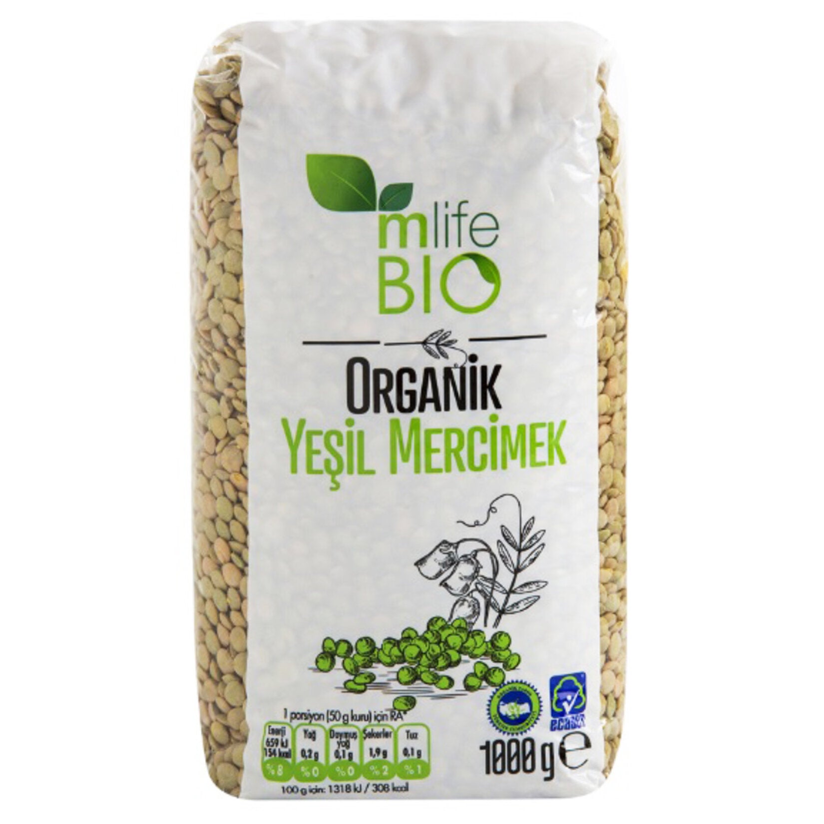M Life Bio Organic Green Lentils 1kg (Yeşil Mercimek)