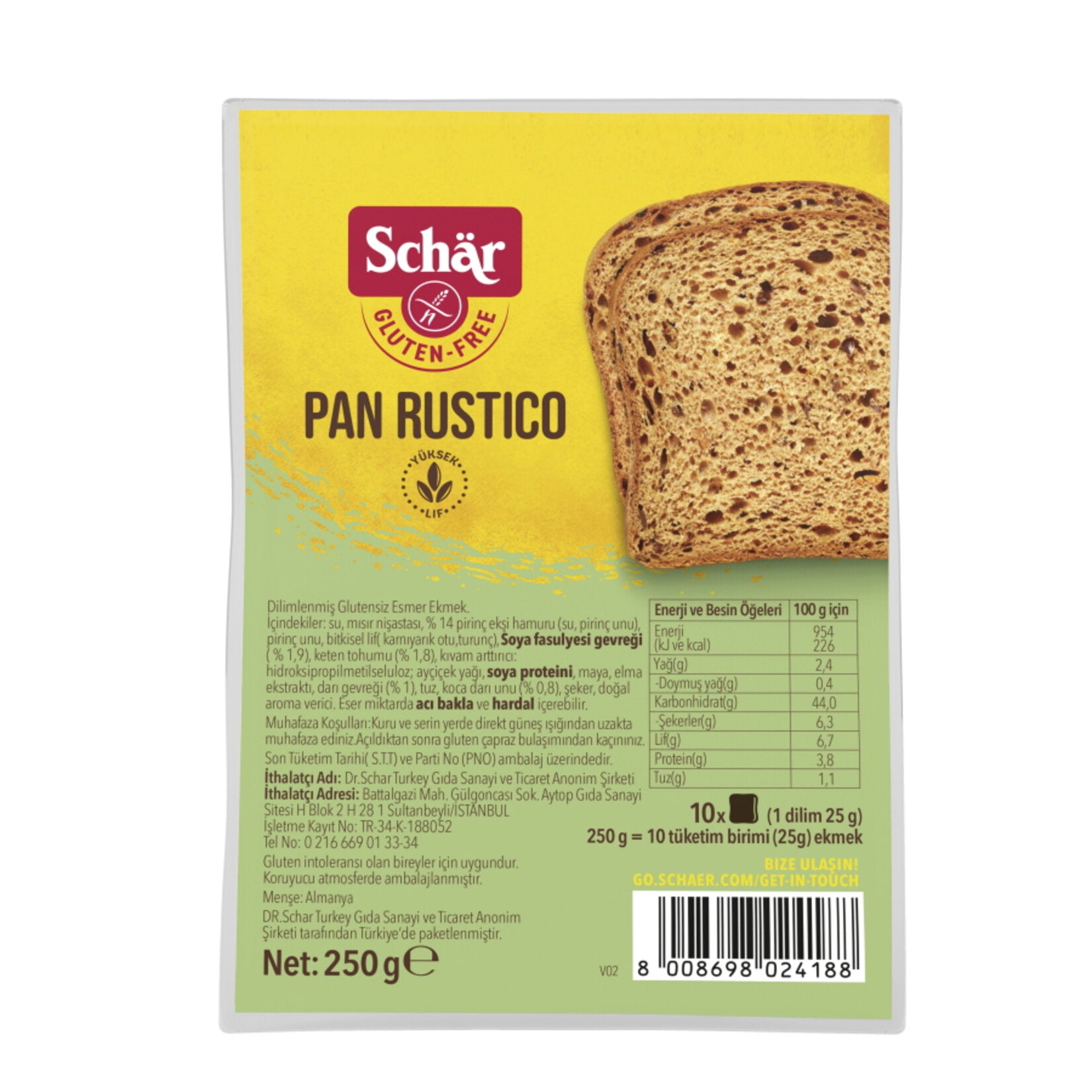 Schar Pan Rustico Gluten-Free Fiber Bread (Glutensiz Lifli Ekmek) 250g