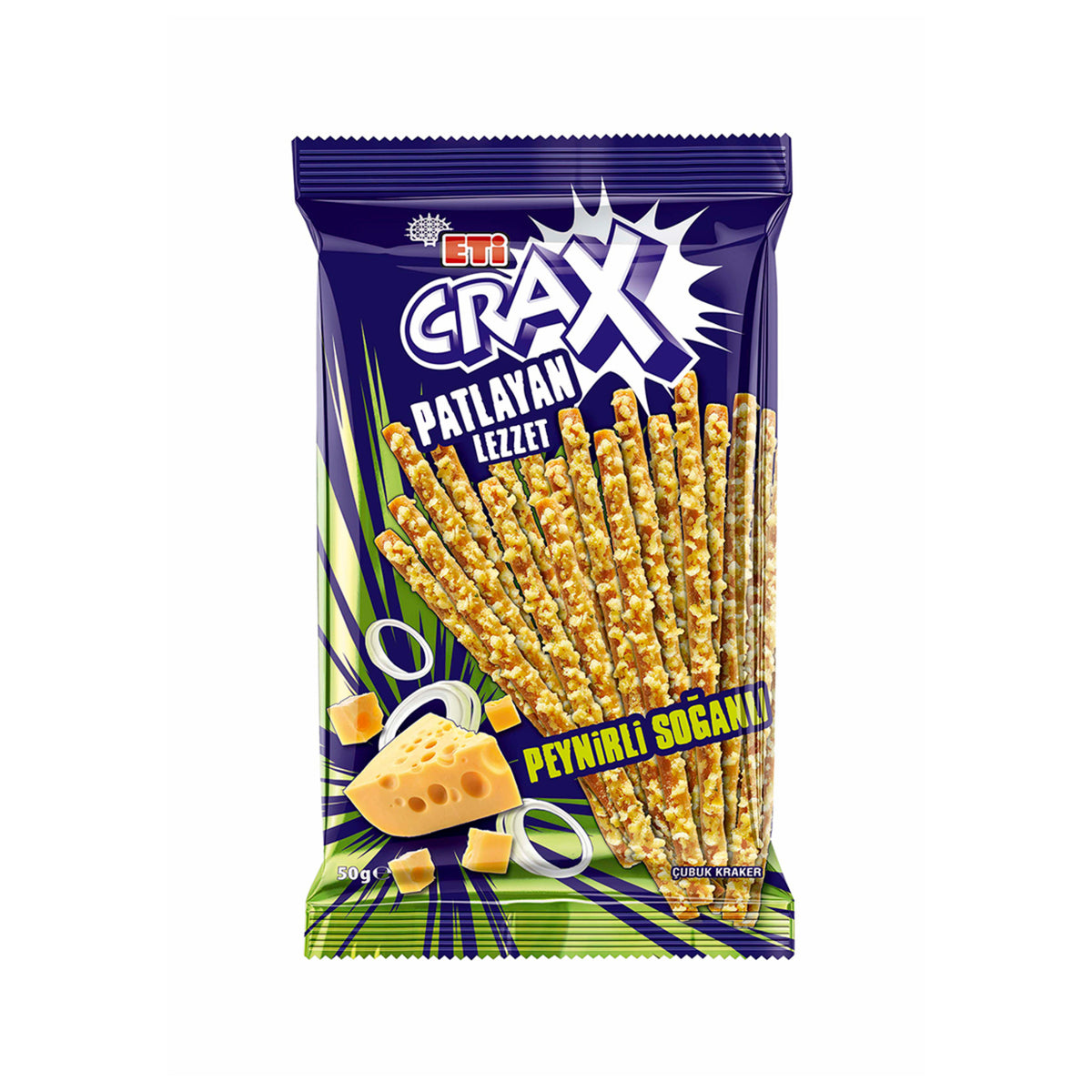 Eti Crax Puffed Flavor Cheese and Onion Stick Crackers 50g