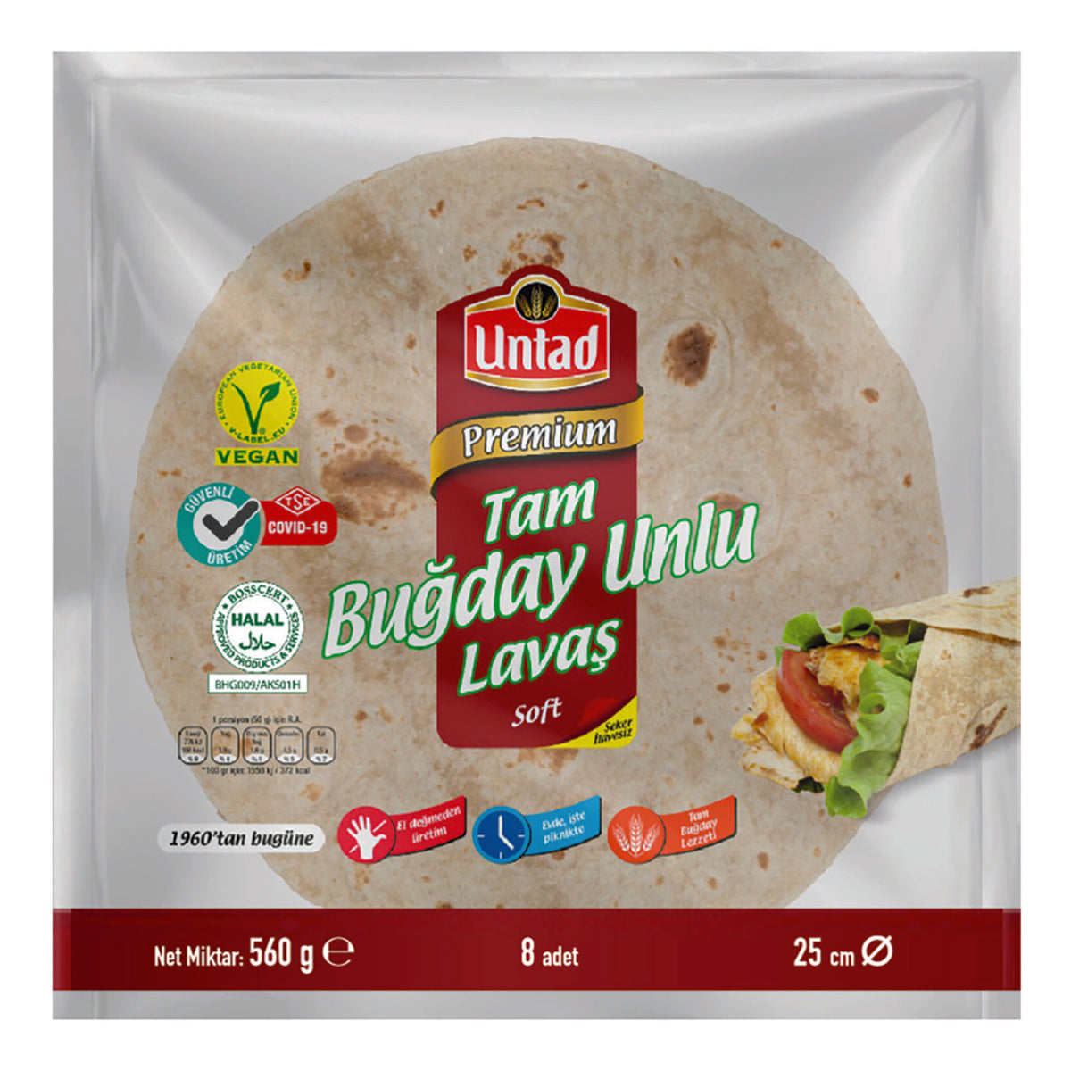 Untad Premium Whole Wheat Flatbread (Tam Buğday Unlu Lavaş) 8 Pieces 560 G