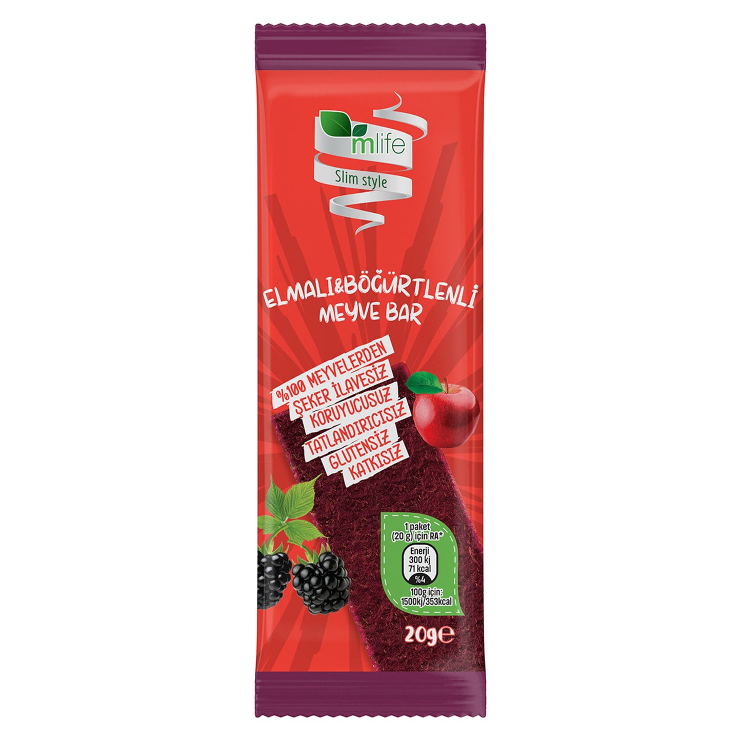 M Life Slim Style Apple & Blackberry Fruit Bar (Elmalı & Böğürtlenli Meyve Bar) 20g