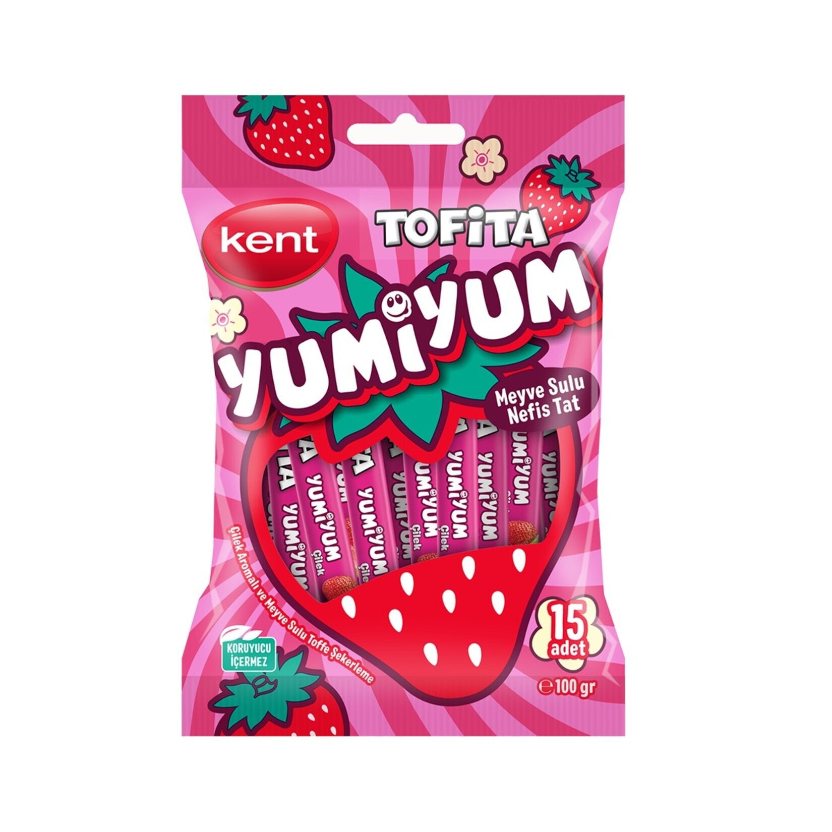 Tofita Yumiyum Strawberry Taffy Bag 15 x 6.7 G (Yumiyum Çilekli)