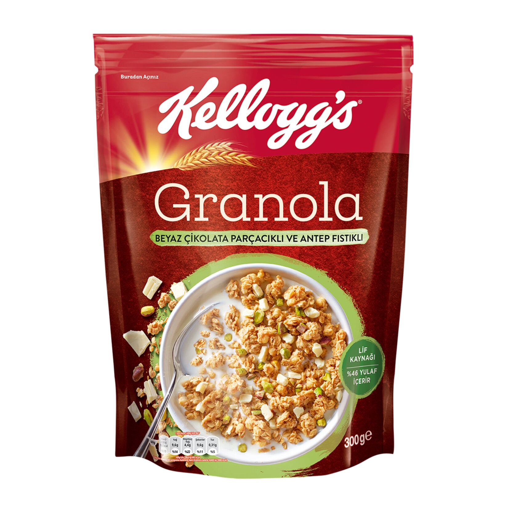 Kelloggs Granola with White Chocolate and Pistachio 300 G (Beyaz Çikolatalı Antep Fıstıklı)