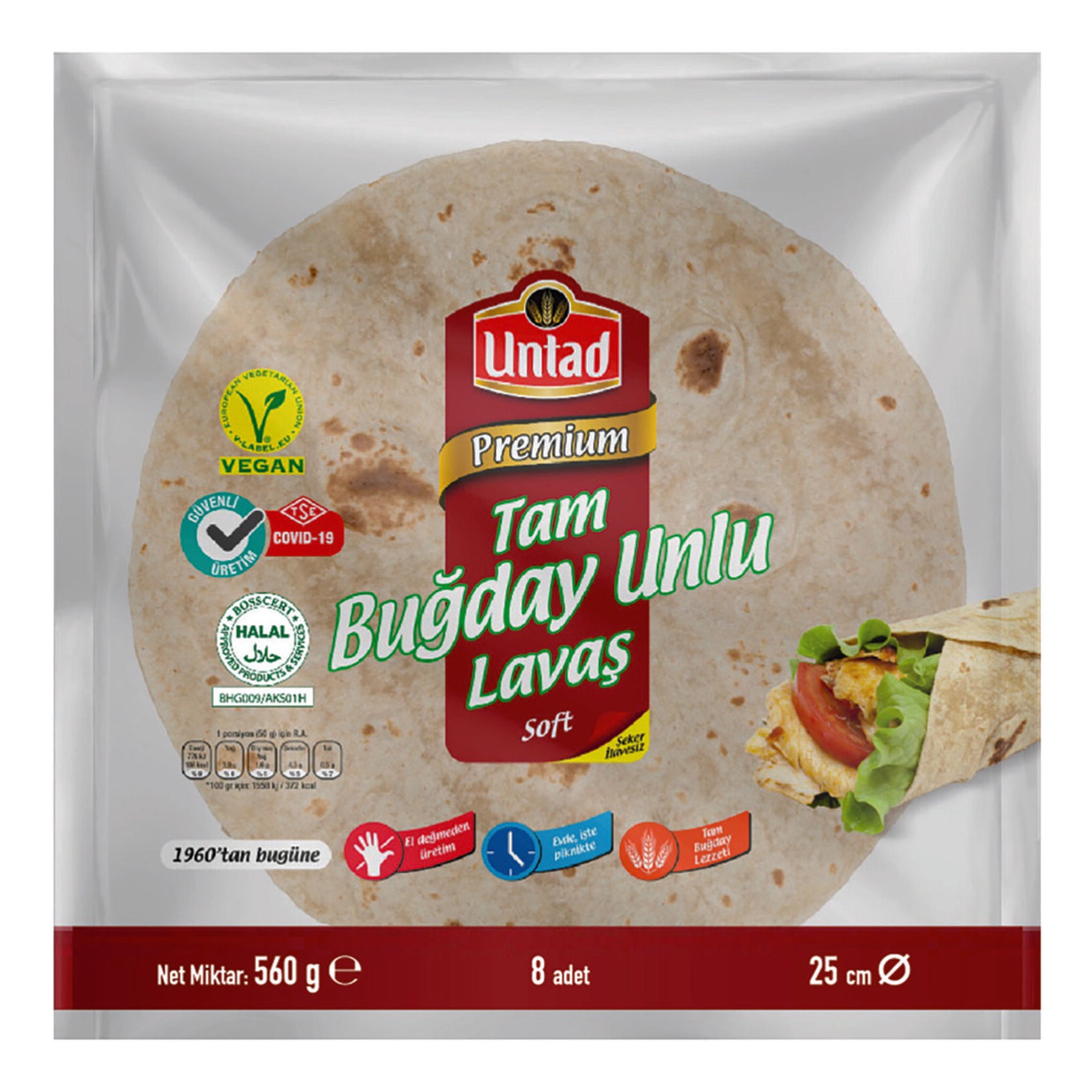 Untad Premium Whole Wheat Flatbread (Tam Buğday Unlu Lavaş) 8 Pieces 560 G