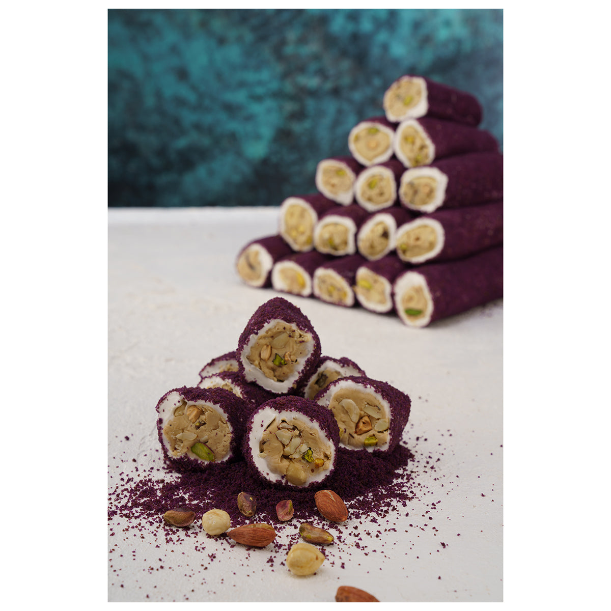 Hürrem Sultan Velvet Purple Pistachio (antep fıstığı) and Almond (badem) Stuffed Turkish Delight per kg