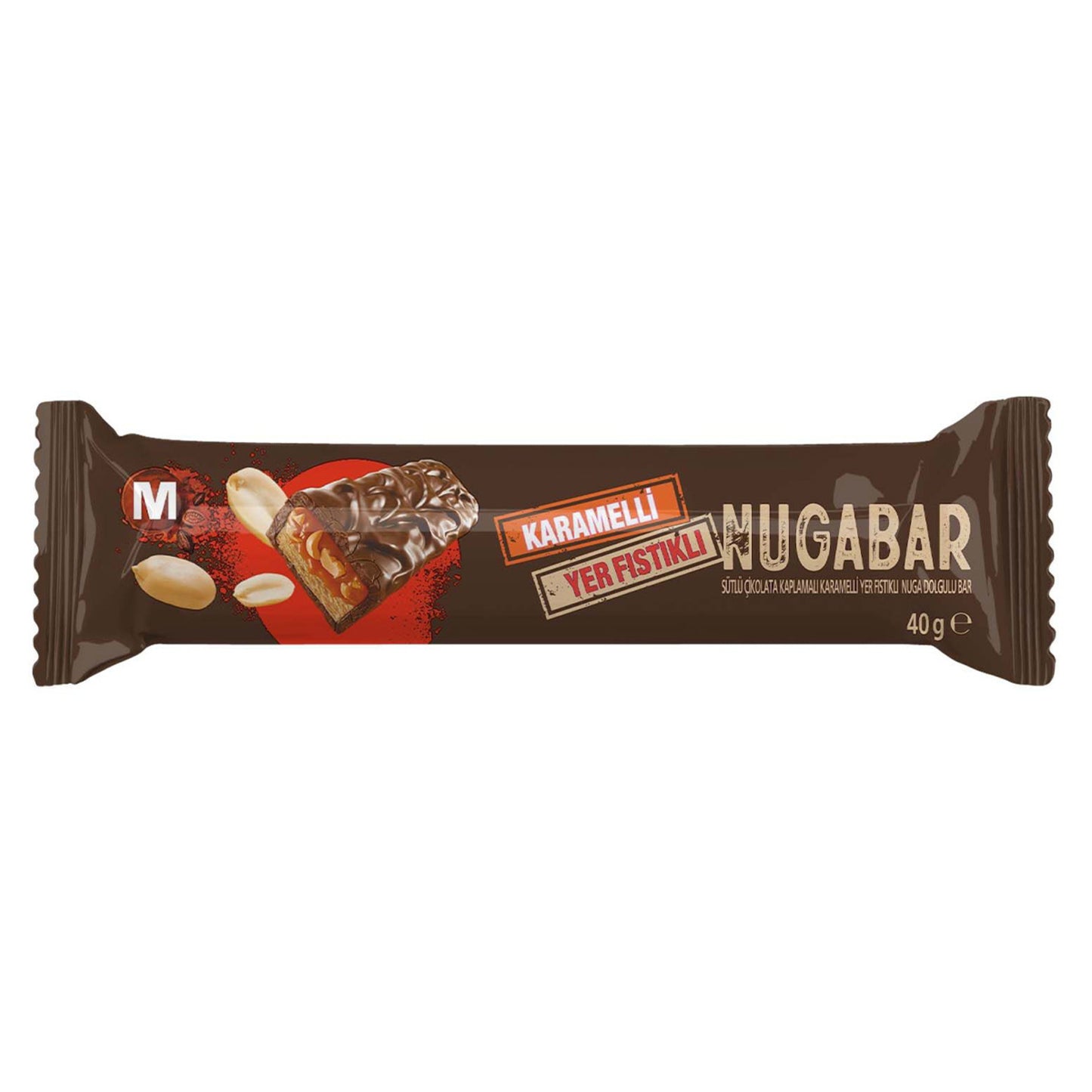 Migros Milk Chocolate Coated Caramel Peanut Nougat Bar (Sütlü Çikolata Kaplı Karamelli Yer Fıstıklı Nuga Dolgulu Bar) 40 G