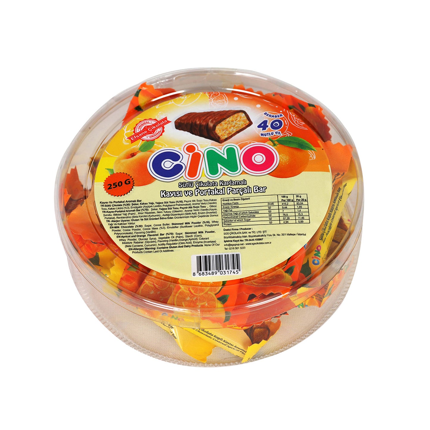 Cino Sütlü Çikolata Kaplı Kayısı & Portakal Parçalı Bar 250 G