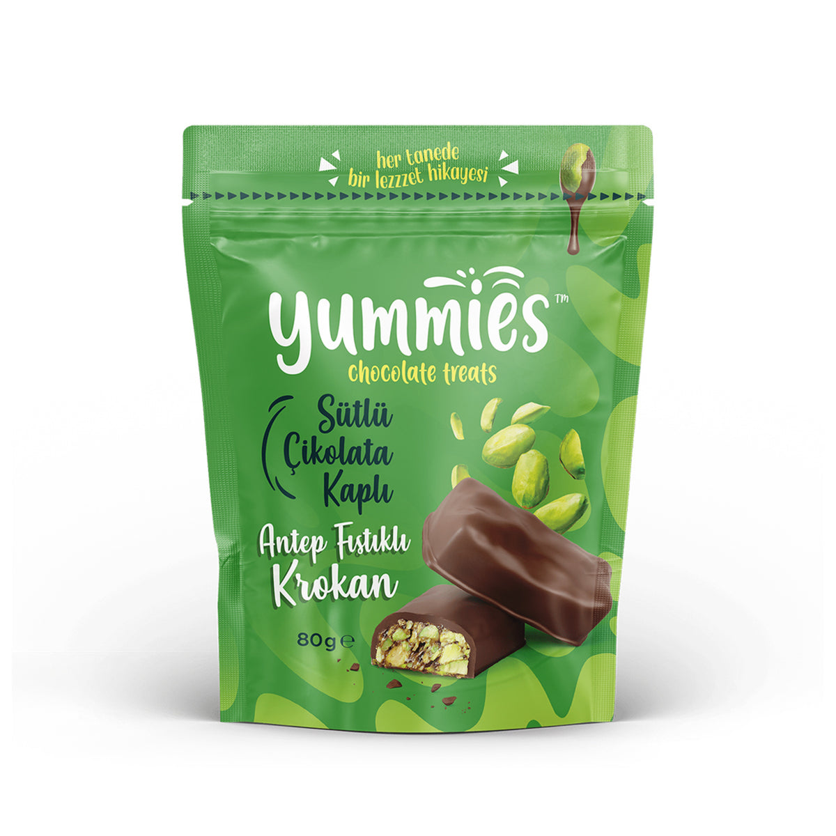 Yummies Milk Chocolate Covered Pistachio Brittle (Sütlü Çikolata Kaplı Antep Fıstıklı Krokan) 80 G