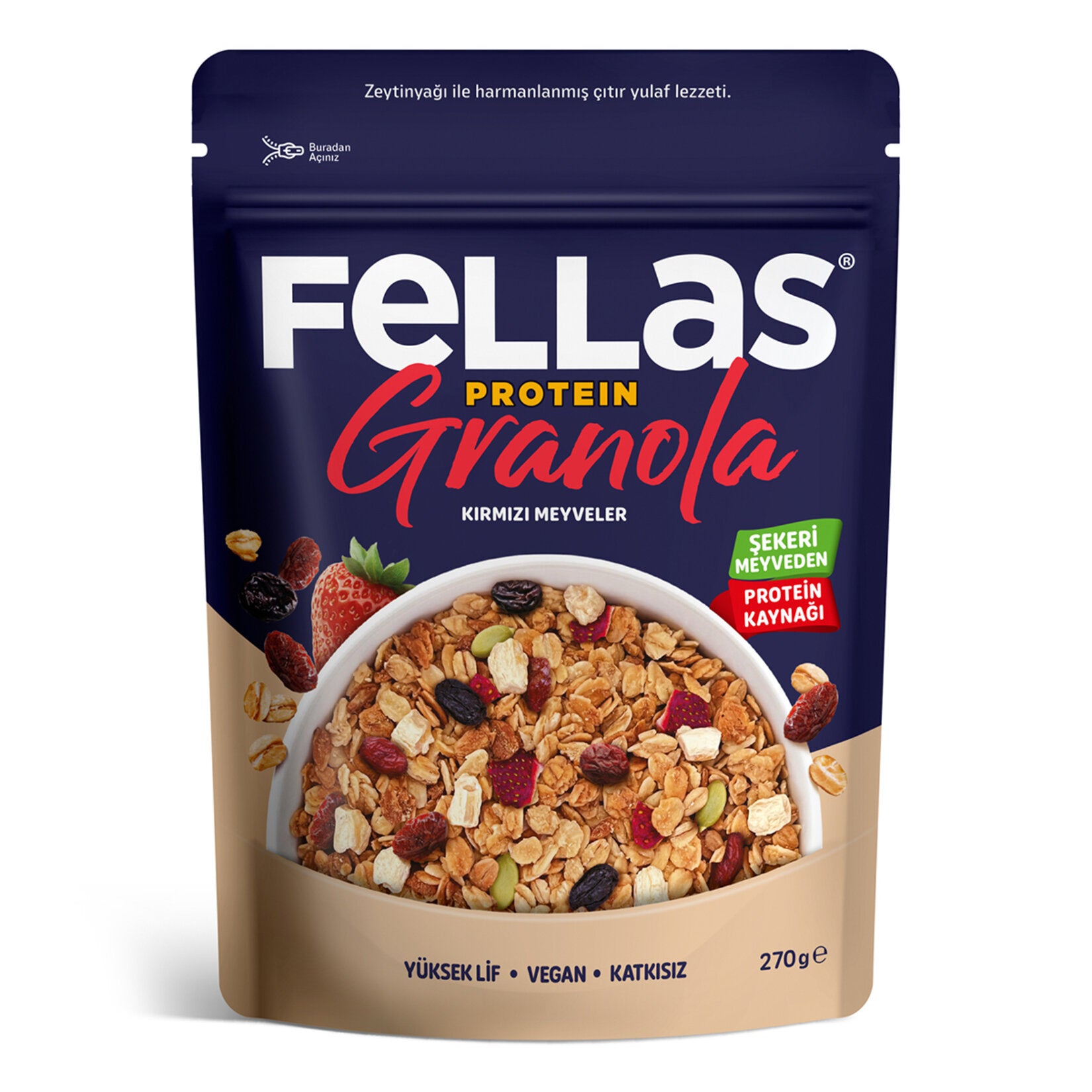 Fellas Vegan Protein Granola Red Berries 270 G (Vegan Protein Granola, Kırmızı Meyveler)