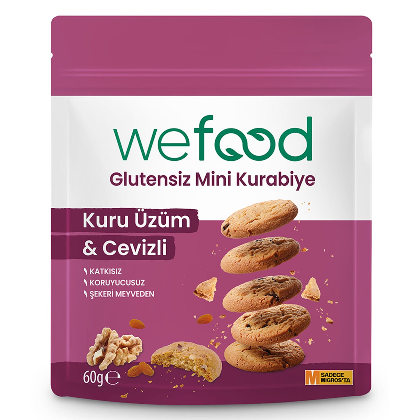 Wefood Dried Grape & Walnut Gluten-Free Mini Cookies (Kuru Üzüm & Ceviz Glutensiz Mini Kurabiye) 60 G