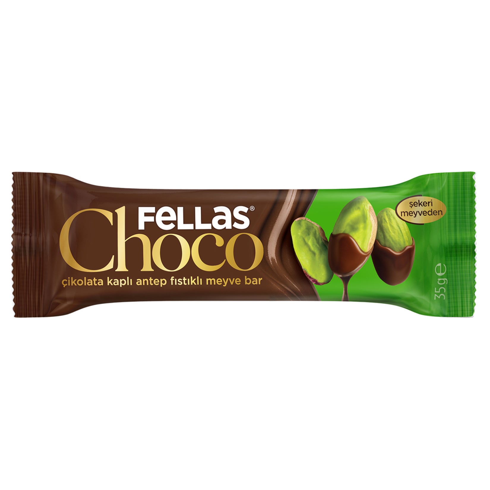 Fellas Pistachio Chocolate Covered Fruit Bar (Antep Fıstıklı Çikolata Kaplı Meyve Bar) 35 G