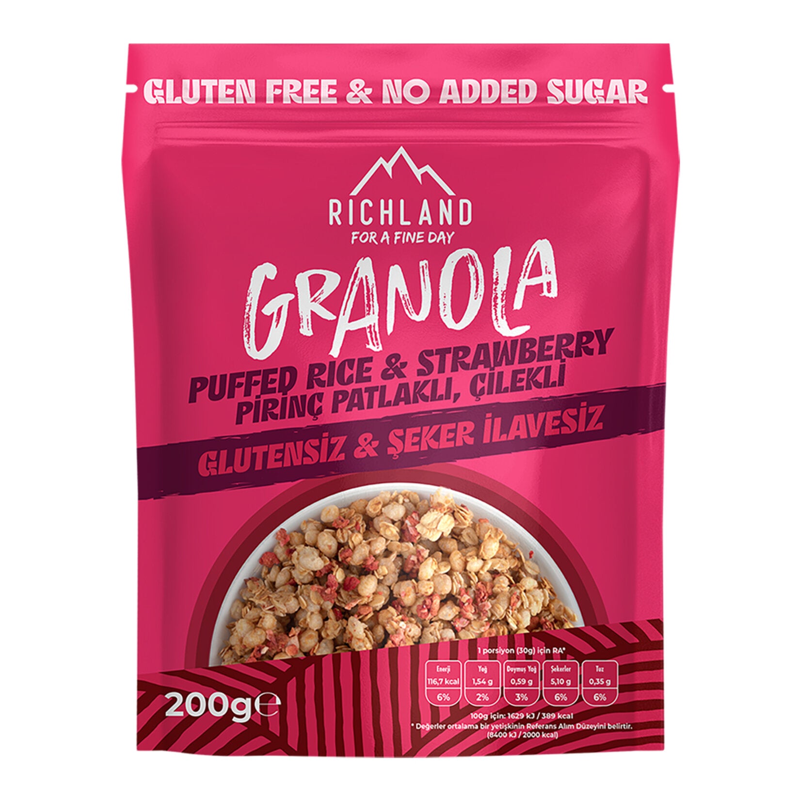 Richland Strawberry Granola with Puffed Rice 200 G (Pirinç Patlaklı Çilekli Granola)