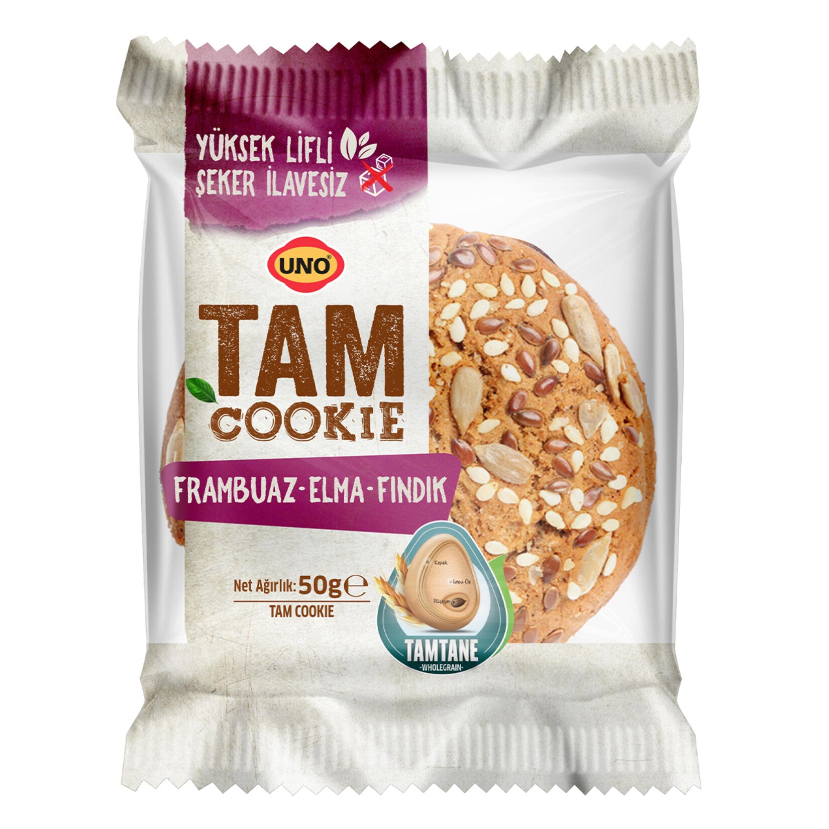 Uno Whole Cookie Raspberry Apple Hazelnut (Tam Cookie Frambuaz Elma Fındık) 50 G